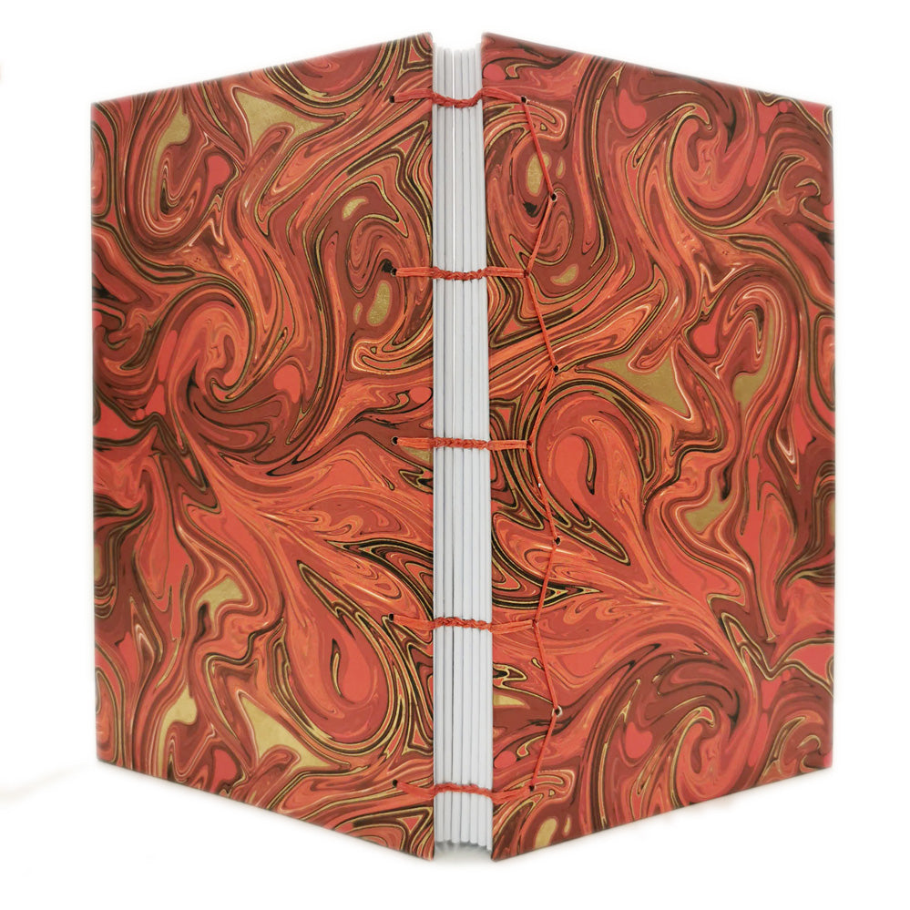 Χειροποίητo Σημειωματάριo με Βυζαντινή Βιβλιοδεσία - Κόκκινη Πορτοκαλί μαρμαρόκολλα