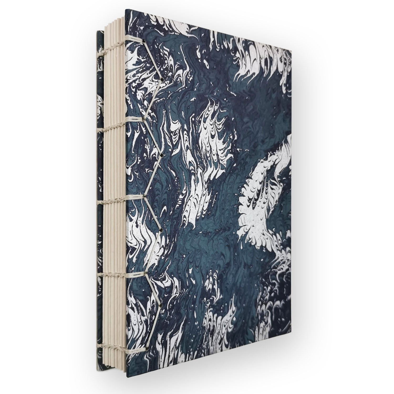 Handmade Notebook with Byzantine Binding - Blue Silver Marble Art